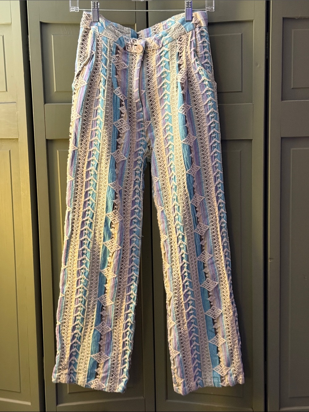 Hand-Knit Crochet Wide-Leg Pants in Pastel Blue & Lavender